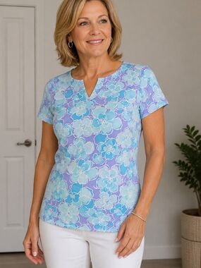 Alfred Dunner Floral Stretch Top Purple Blue Cotton Blend Size M